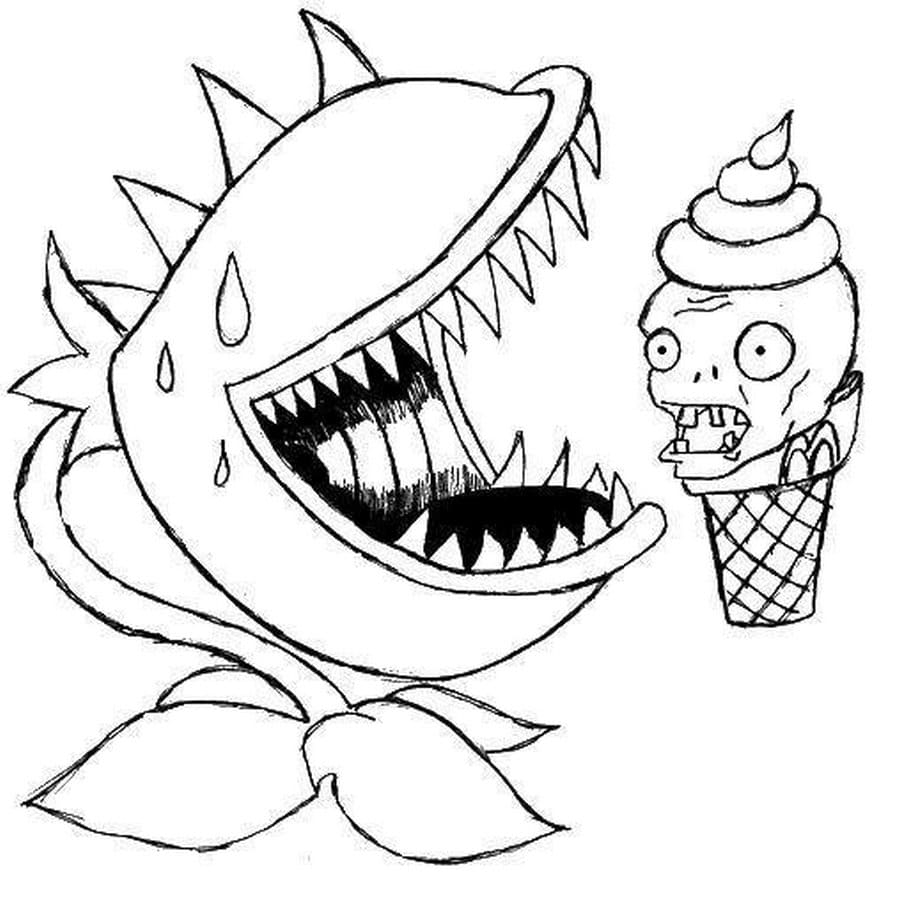 Голодный Зубастик может проглотить не только мороженое, но и всего зомби.