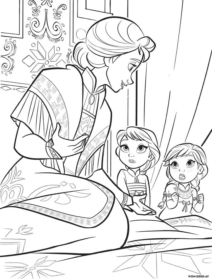 Маленькие Эльза и Анна слушают сказку мамы – королевы Идуны о зачарованном лесе.
