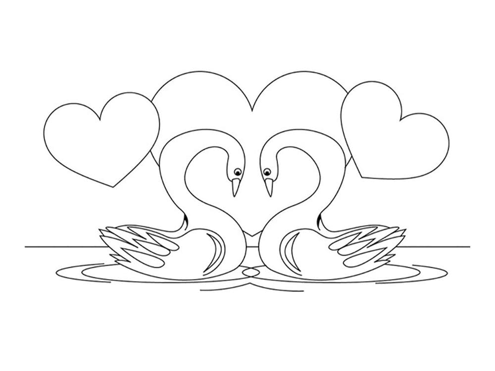 Влюбленные лебеди на фоне сердец.