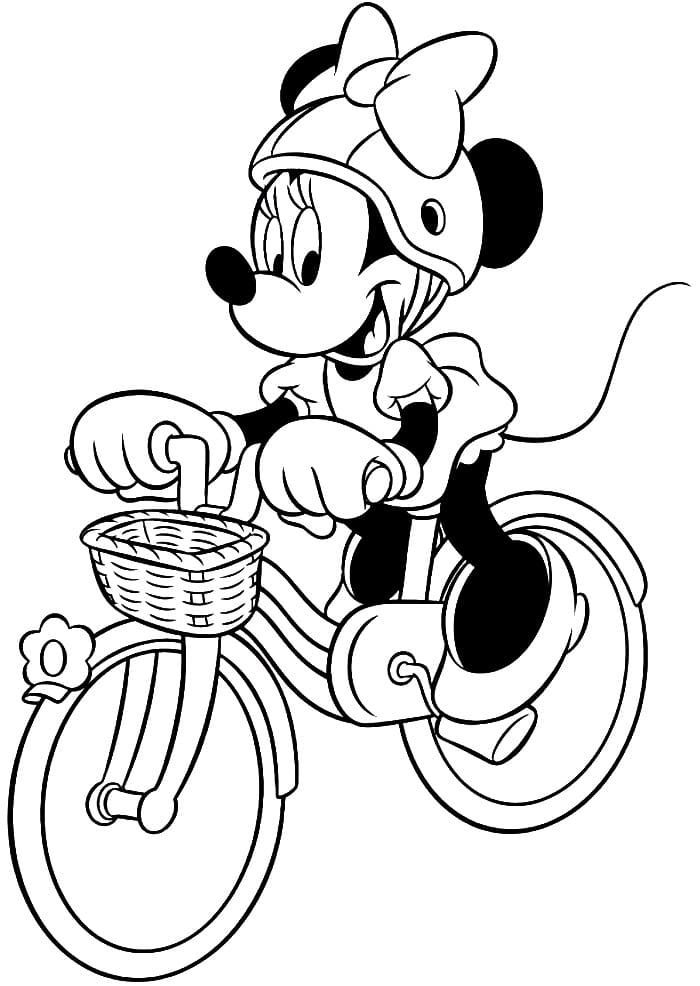 Минни Маус катается на велосипеде.
