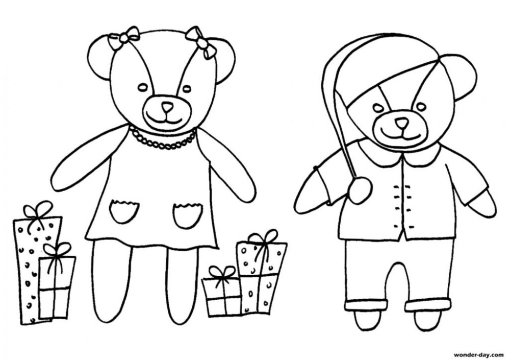 Медведи с подарками. Раскраска Новый Год для детей 4 лет