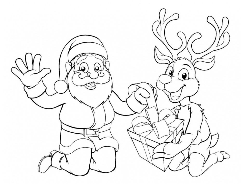 Дед Мороз и олень открывают подарок