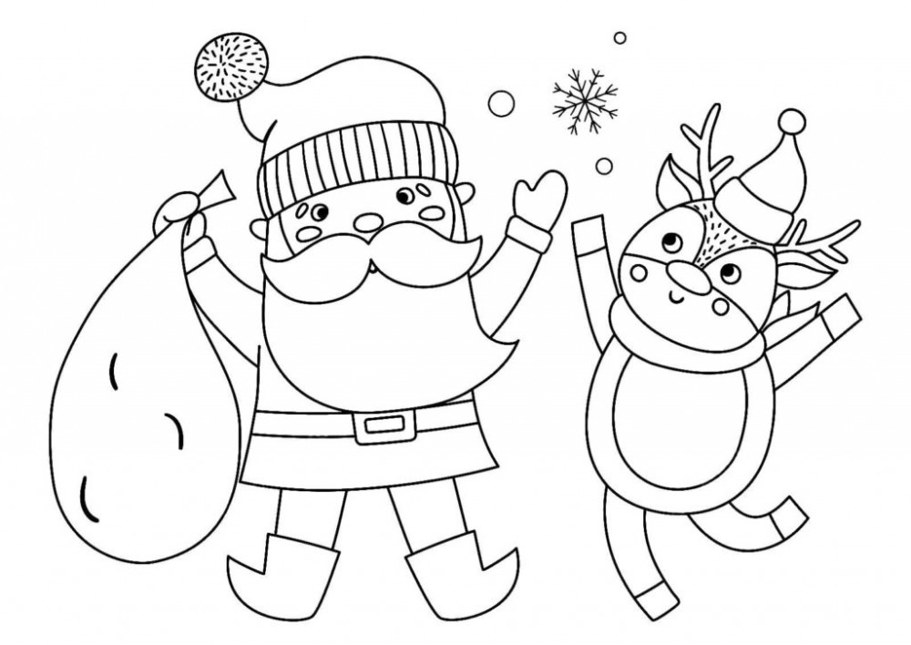 Дед Мороз и олень радуются первому снегу