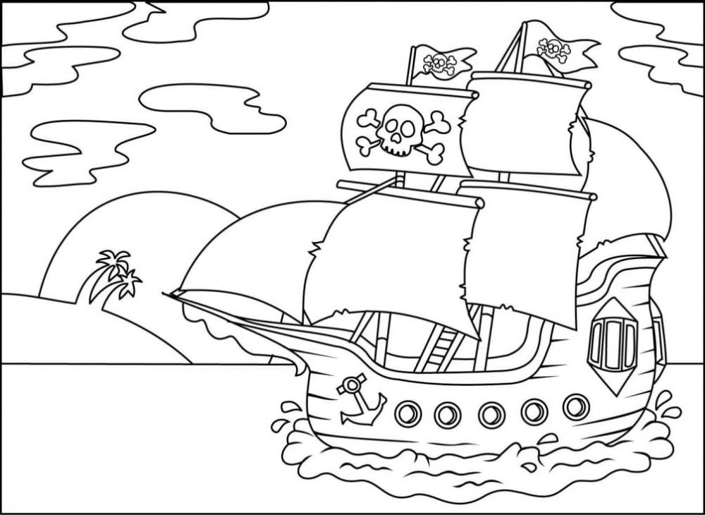 Пиратский корабль — раскраска для детей. Распечатать бесплатно.