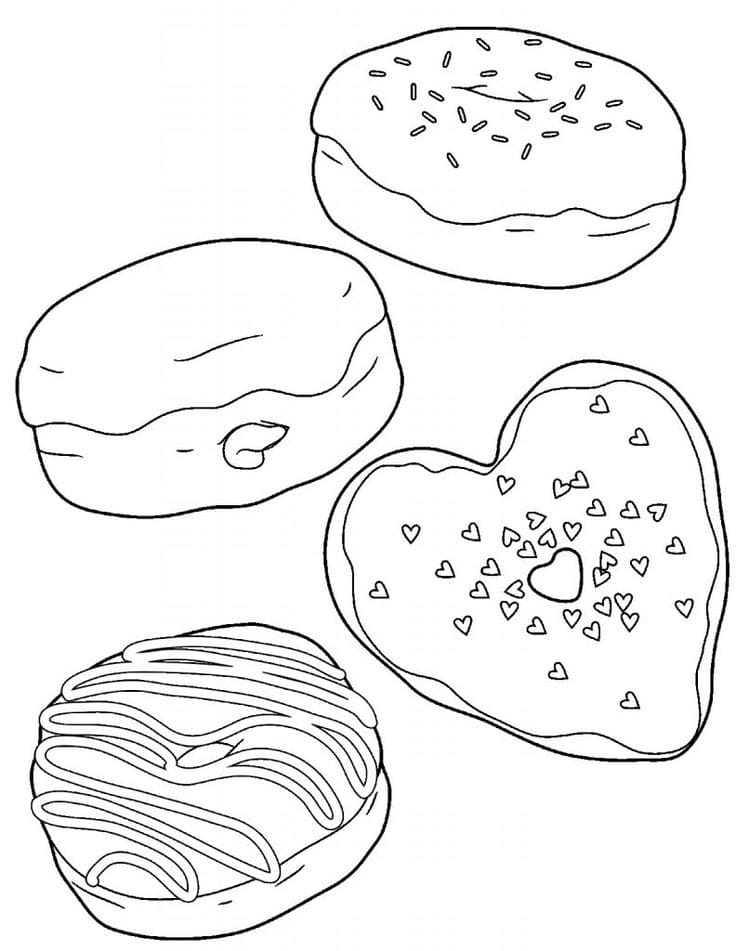 Три круглых пончика и один в форме сердца.