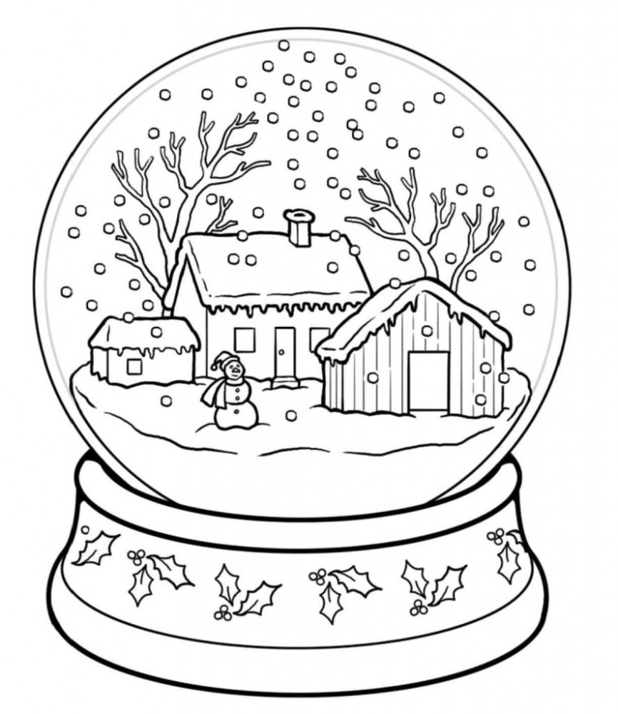 Хрустальный шар с домиками, снеговиком и падающим снегом внутри.