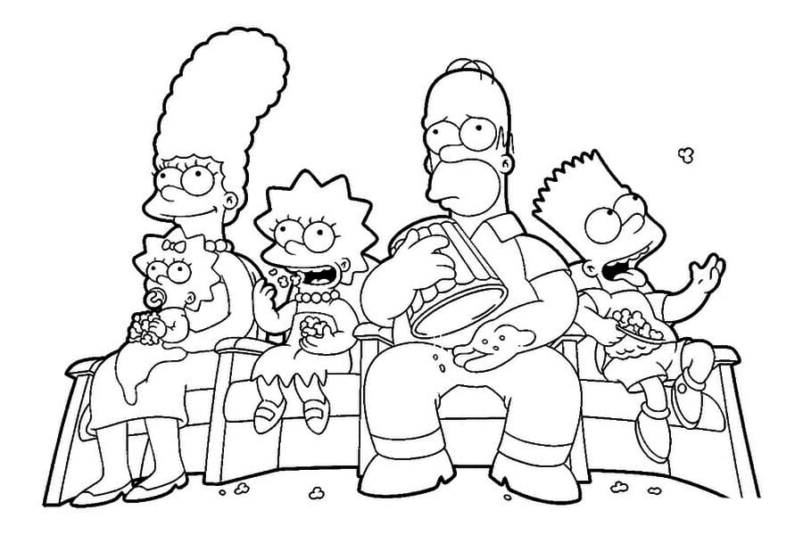 Симпсоны смотрят кино и едят попкорн.