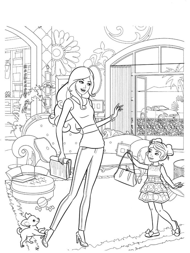 Барби репетирует дома новую роль для фильма. А малышка Челси просить погулять с ней.