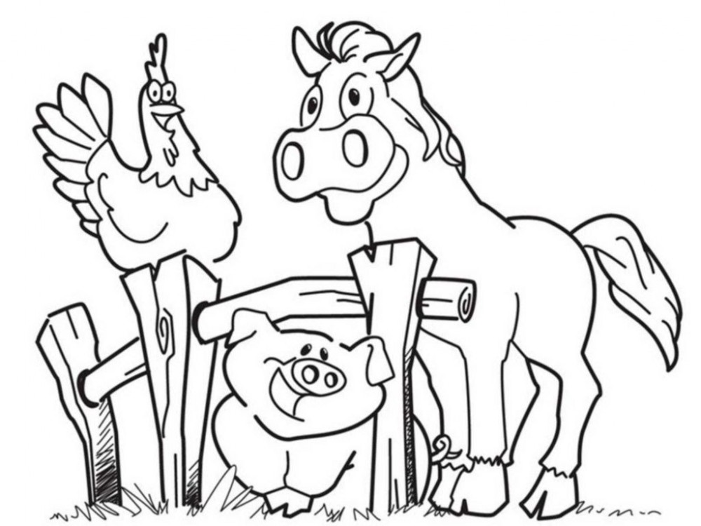Петух, свинья и лошадь радуются встречи с фермером