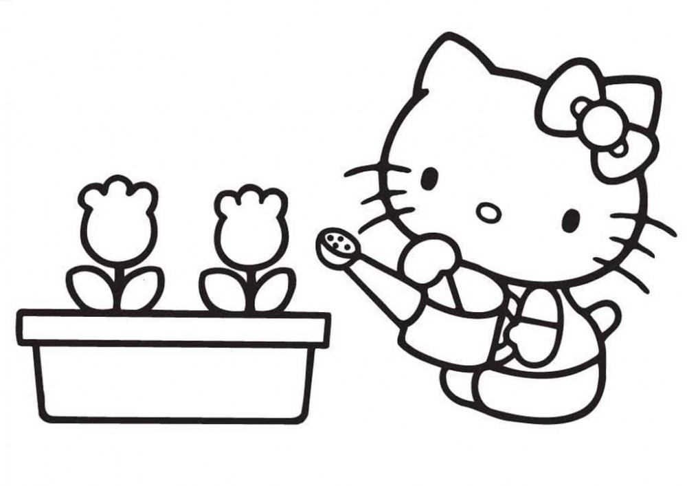 Кошечка с бантиком поливает цветы.