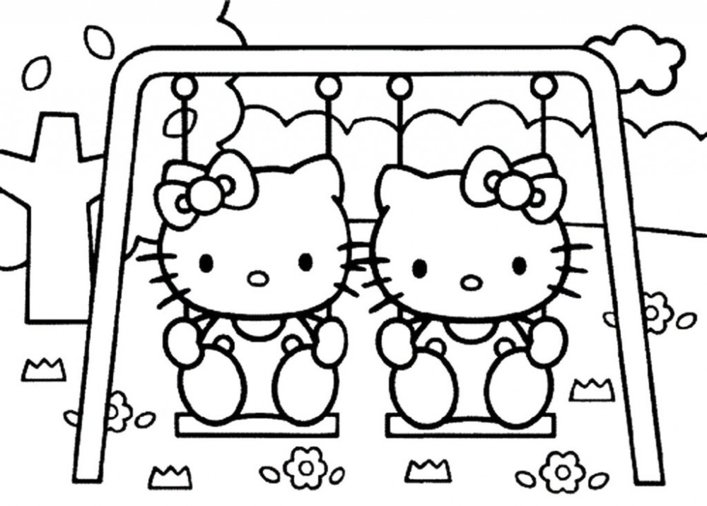Хелло Китти и Мими катаются на качелях.