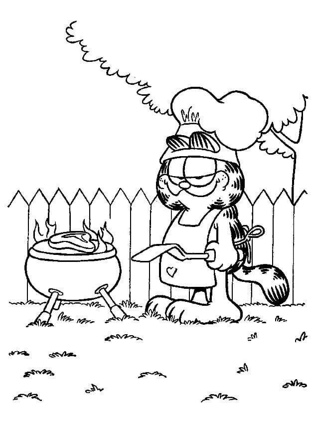 Гарфилд жарит стейк у себя в саду.