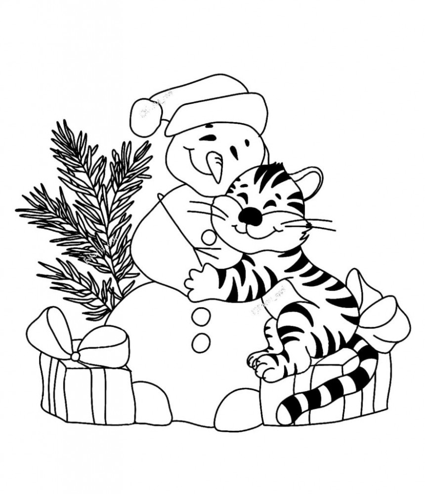 Тигр обнимает снеговика
