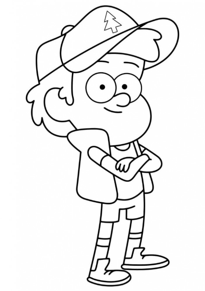 Диппер носит кепку с изображением ели, футболку, жилет, шорты и кеды.