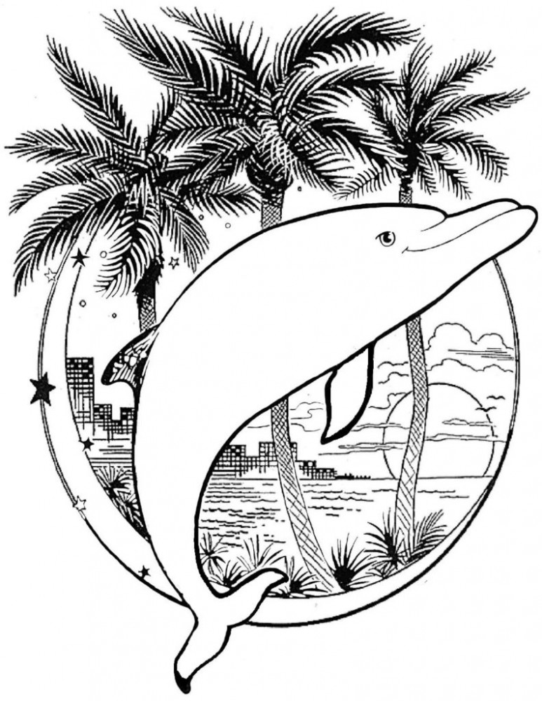 Дельфин на фоне пальм и города