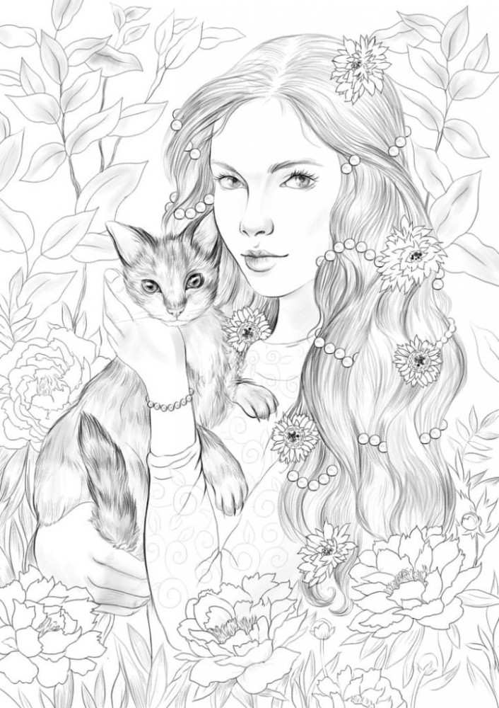 Раскраска Девочка с котёнком