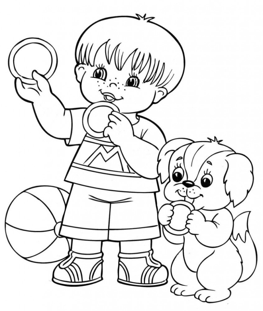 «Малыш и щенок» бесплатная раскраска для детей - мальчиков и девочек