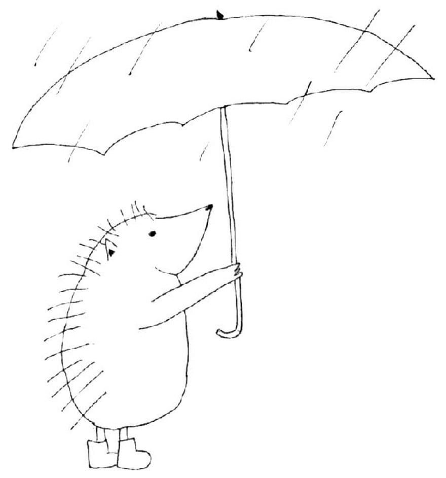 Зонтик помог ежу не промокнуть.