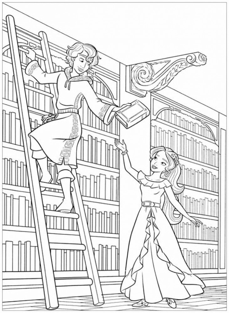 Раскраски библиотека, Раскраска Библиотека мальчик и девочка в библиотеке читают книги .
