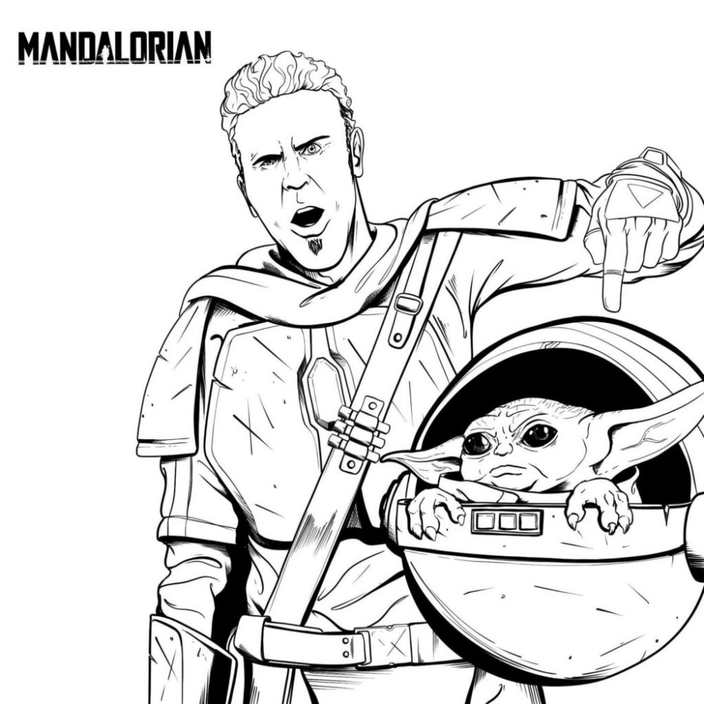 Картинка для раскрашивания Мандалорец и малыш Йода 2