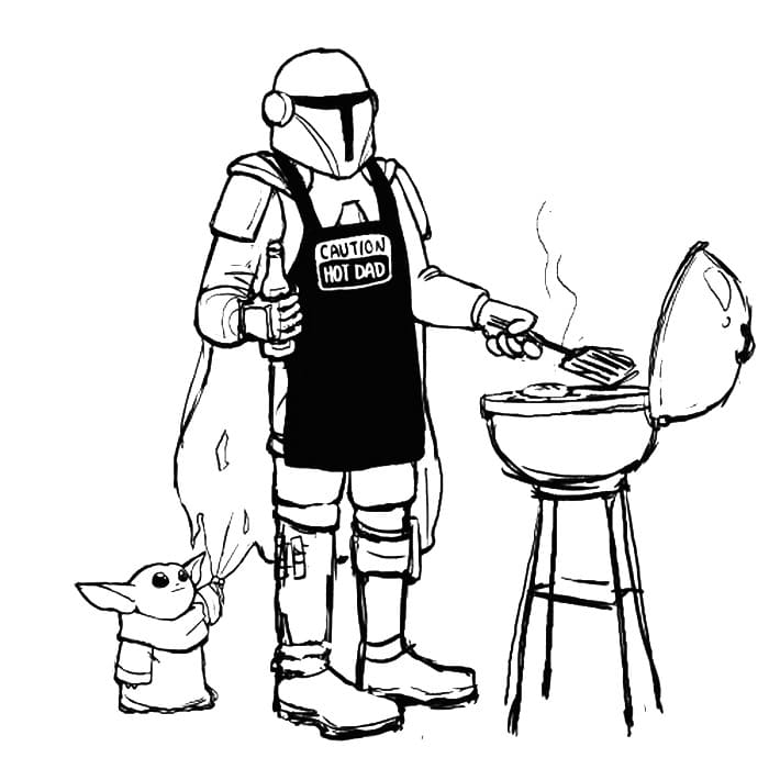Мандалорец готовит стейк для своего крошечного друга