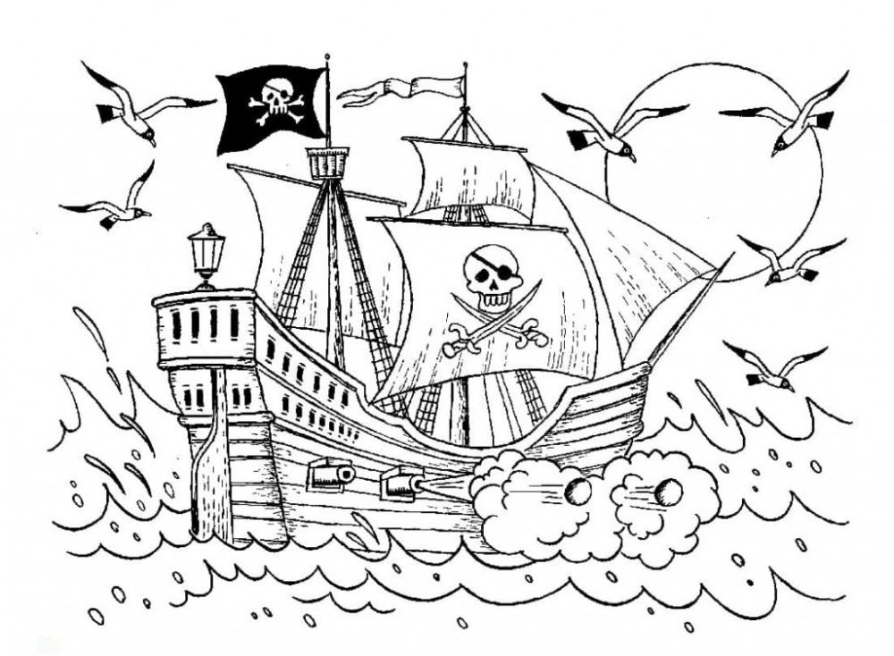Судно с развивающимися пиратскими флагами