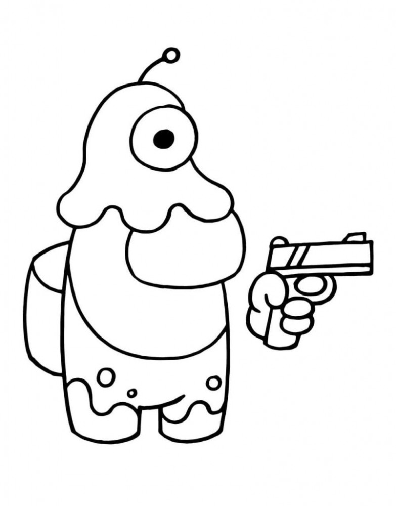 Раскраска Амонг Ас персонаж с мозговым слизнем с пистолетом