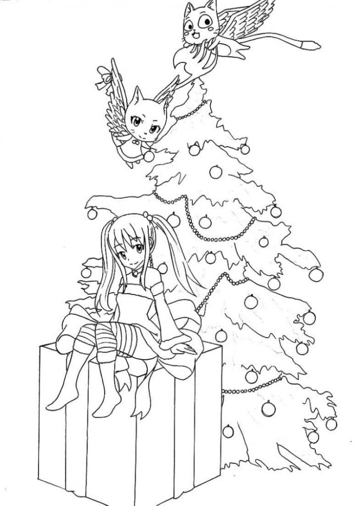 Персонажи из аниме Хвост феи возле новогодней елки